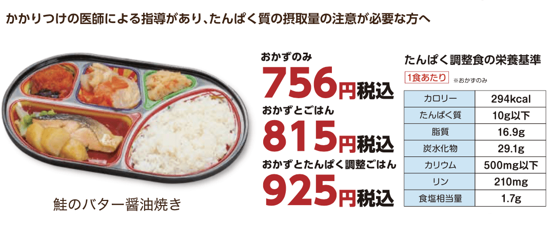 おかずのみ756円(税込)おかずとご飯851円(税込)おかずとタンパク調整ご飯925円(税込)